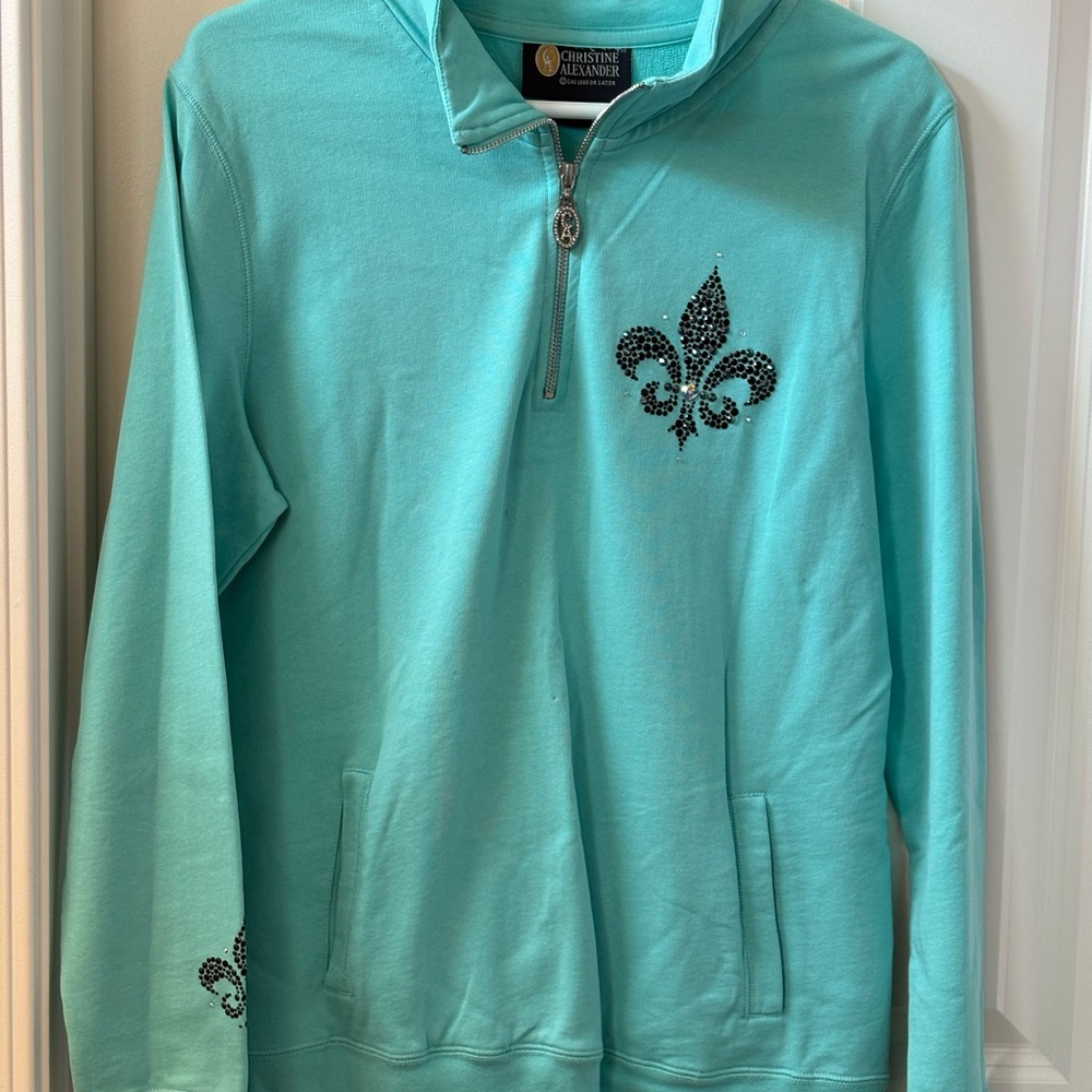 Christine Alexander Turquoise Hoodie with Black Fleur-de-lis